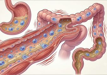 Ilustração médica digital mostrando o trato gastrointestinal humano com foco no intestino. No interior da mucosa intestinal, vários mastócitos (células ovais azuladas) aparecem liberando grânulos (mediadores químicos) no lúmen, ilustrando o processo de ativação mastocitária. As paredes do intestino exibem linhas de ondulação que indicam espasmos ou cólicas, e o conteúdo interno se mostra fluido.