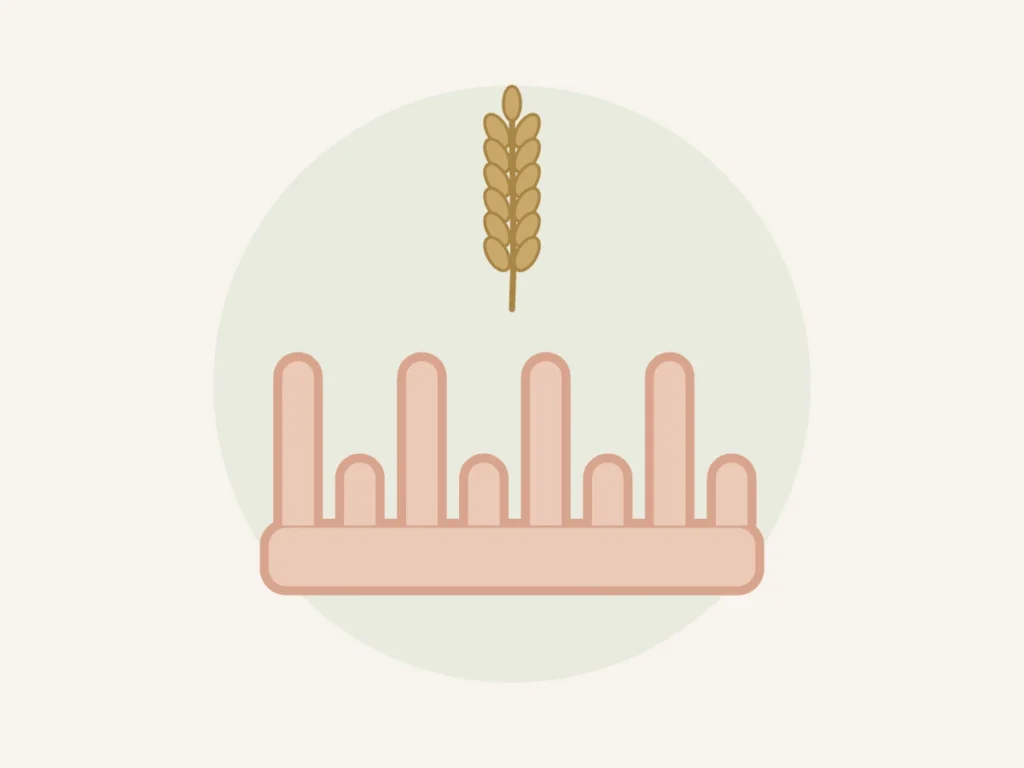 Ilustração de vilosidades intestinais e trigo representando doença celíaca