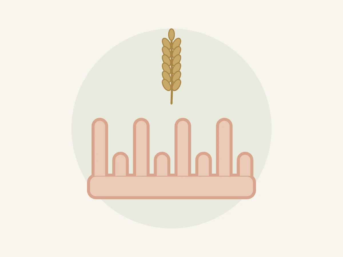 Ilustração de vilosidades intestinais e trigo representando doença celíaca