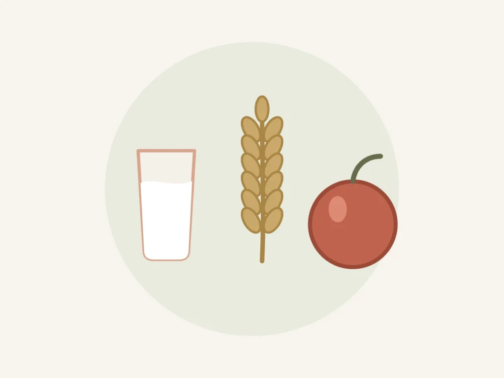 Ilustração de leite, trigo e maçã representando intolerâncias alimentares