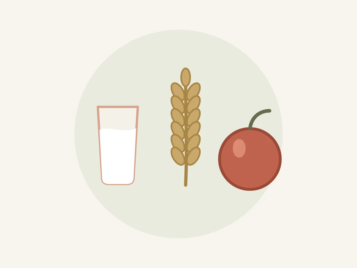 Ilustração de leite, trigo e maçã representando intolerâncias alimentares