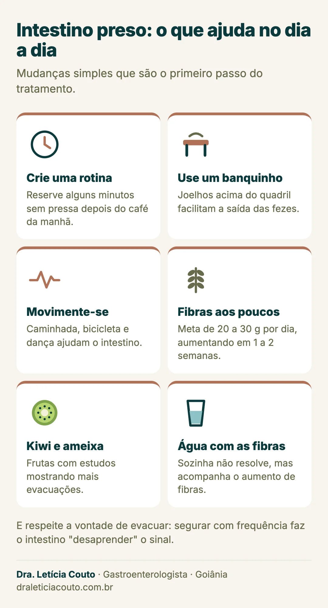 O que fazer para o intestino preso: rotina, banquinho nos pés, atividade física, fibras aos poucos, kiwi e ameixa, e água junto com as fibras