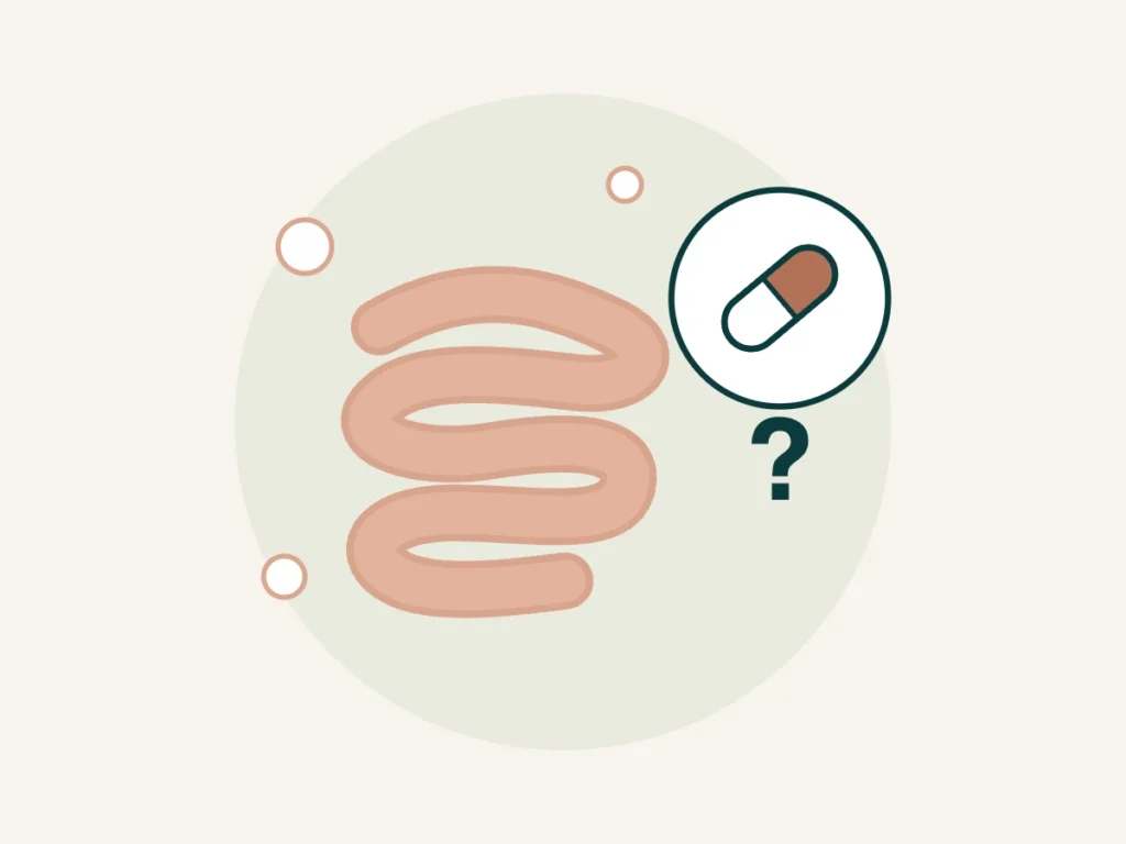 Ilustração do intestino com uma cápsula de remédio e um ponto de interrogação, representando dúvidas sobre remédios antes do teste respiratório